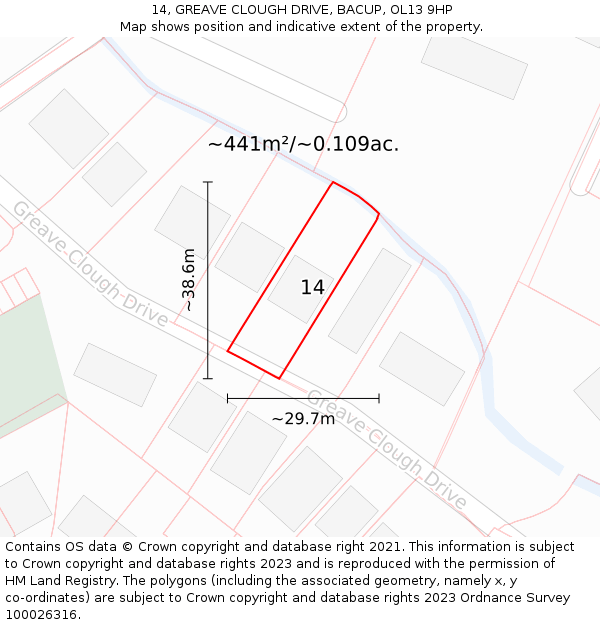 14, GREAVE CLOUGH DRIVE, BACUP, OL13 9HP: Plot and title map