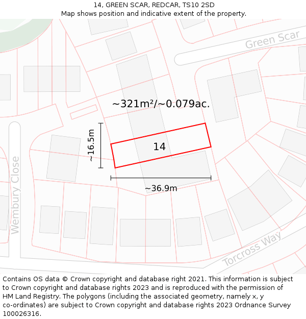 14, GREEN SCAR, REDCAR, TS10 2SD: Plot and title map