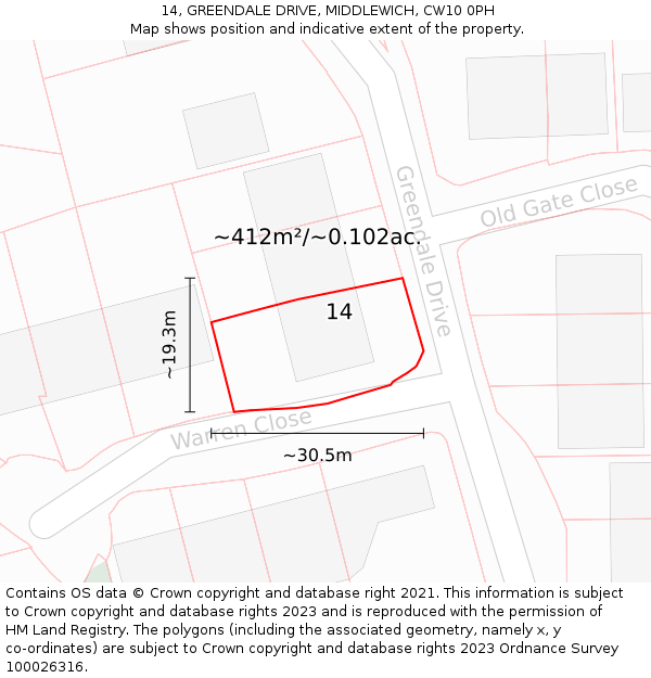 14, GREENDALE DRIVE, MIDDLEWICH, CW10 0PH: Plot and title map