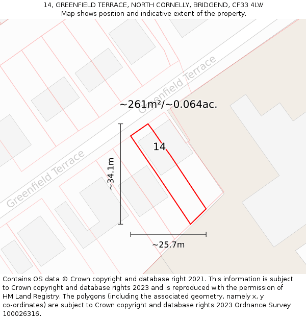 14, GREENFIELD TERRACE, NORTH CORNELLY, BRIDGEND, CF33 4LW: Plot and title map
