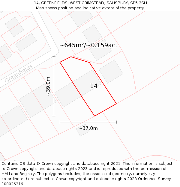 14, GREENFIELDS, WEST GRIMSTEAD, SALISBURY, SP5 3SH: Plot and title map