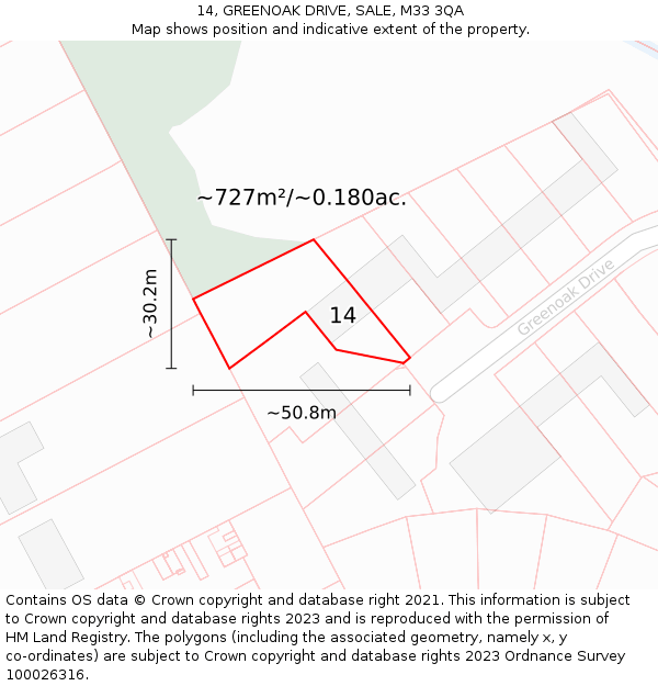 14, GREENOAK DRIVE, SALE, M33 3QA: Plot and title map