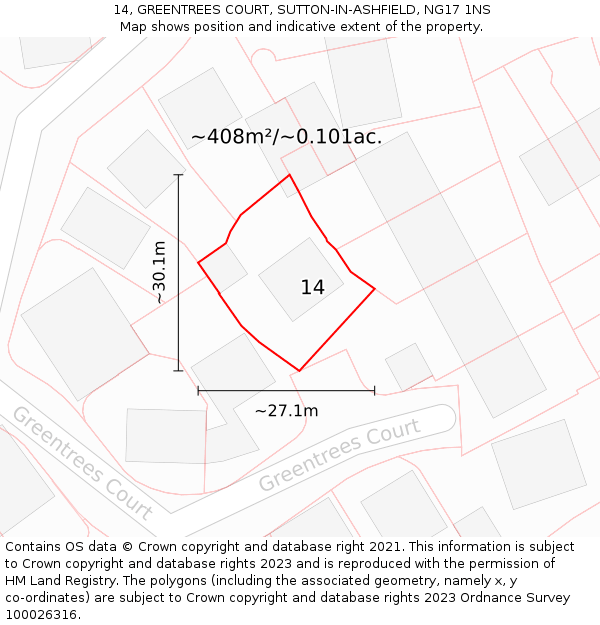 14, GREENTREES COURT, SUTTON-IN-ASHFIELD, NG17 1NS: Plot and title map