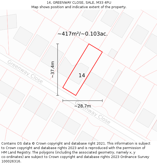 14, GREENWAY CLOSE, SALE, M33 4PU: Plot and title map