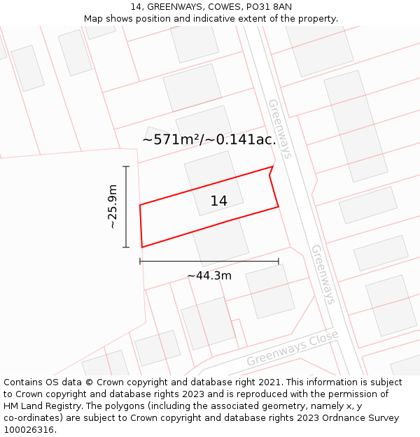 14, GREENWAYS, COWES, PO31 8AN: Plot and title map