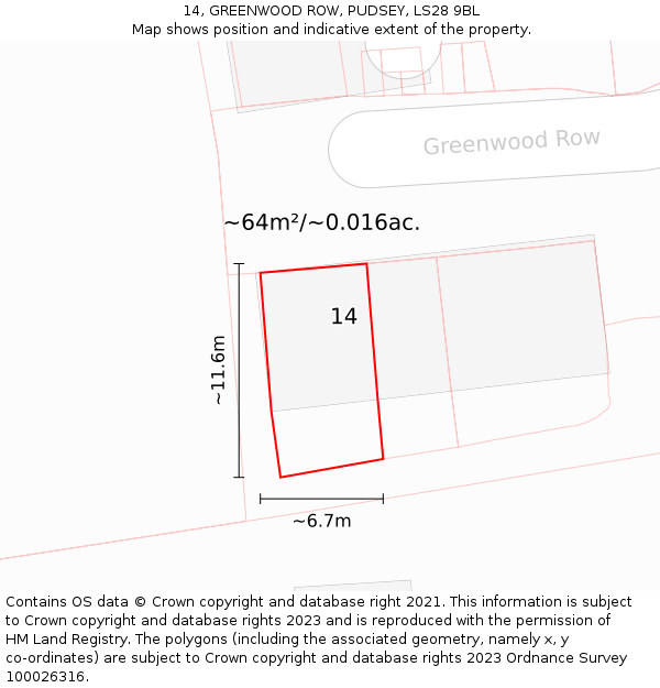 14, GREENWOOD ROW, PUDSEY, LS28 9BL: Plot and title map