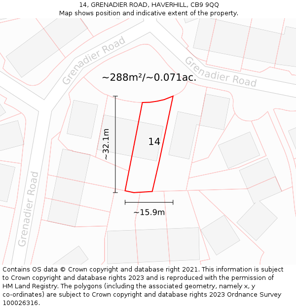 14, GRENADIER ROAD, HAVERHILL, CB9 9QQ: Plot and title map