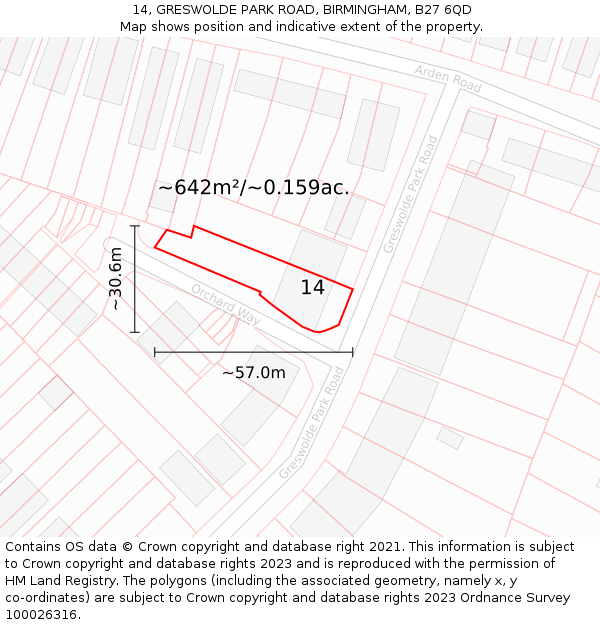 14, GRESWOLDE PARK ROAD, BIRMINGHAM, B27 6QD: Plot and title map