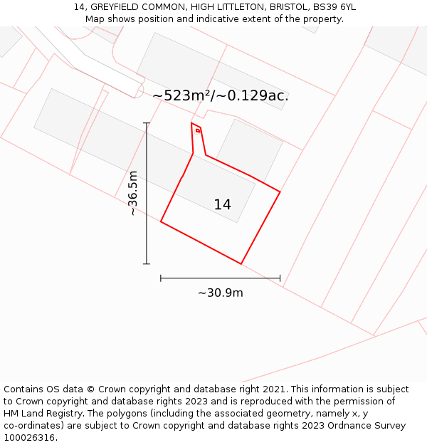14, GREYFIELD COMMON, HIGH LITTLETON, BRISTOL, BS39 6YL: Plot and title map
