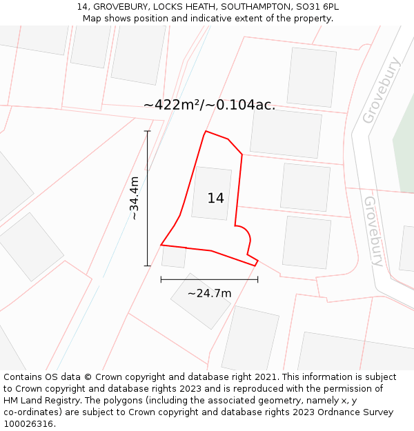 14, GROVEBURY, LOCKS HEATH, SOUTHAMPTON, SO31 6PL: Plot and title map