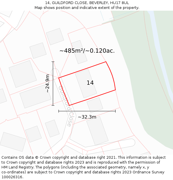 14, GUILDFORD CLOSE, BEVERLEY, HU17 8UL: Plot and title map