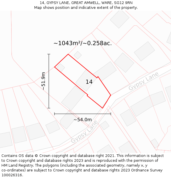 14, GYPSY LANE, GREAT AMWELL, WARE, SG12 9RN: Plot and title map