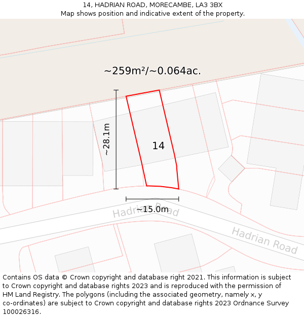 14, HADRIAN ROAD, MORECAMBE, LA3 3BX: Plot and title map