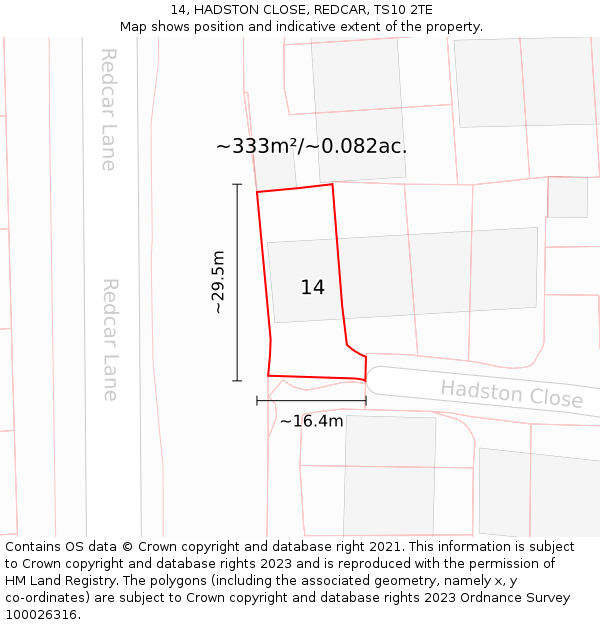 14, HADSTON CLOSE, REDCAR, TS10 2TE: Plot and title map