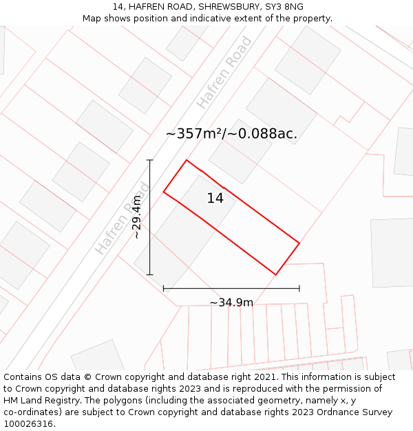 14, HAFREN ROAD, SHREWSBURY, SY3 8NG: Plot and title map