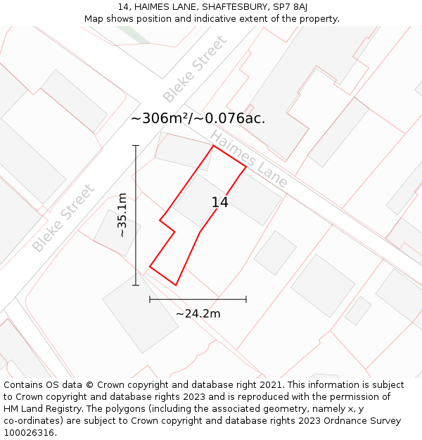 14, HAIMES LANE, SHAFTESBURY, SP7 8AJ: Plot and title map