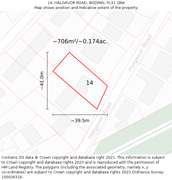 14, HALGAVOR ROAD, BODMIN, PL31 1BW: Plot and title map