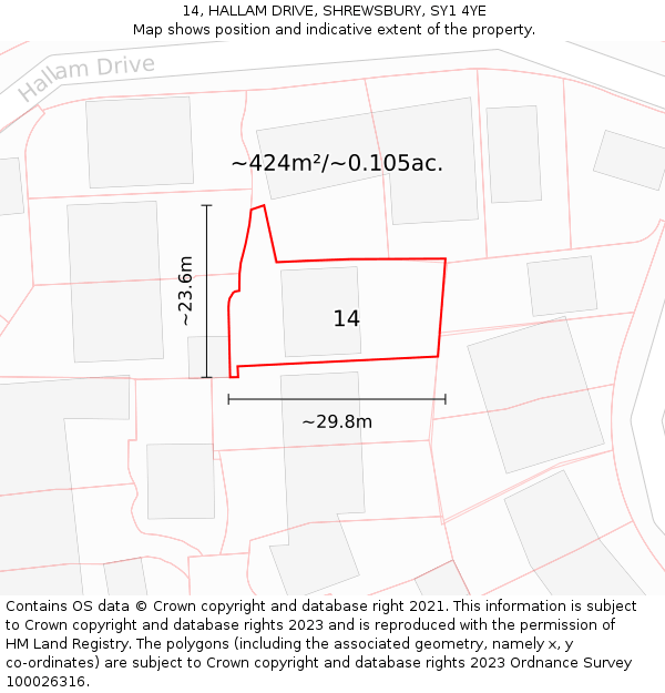 14, HALLAM DRIVE, SHREWSBURY, SY1 4YE: Plot and title map