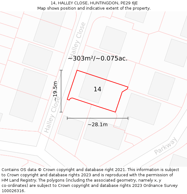 14, HALLEY CLOSE, HUNTINGDON, PE29 6JE: Plot and title map