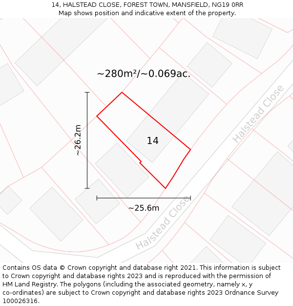 14, HALSTEAD CLOSE, FOREST TOWN, MANSFIELD, NG19 0RR: Plot and title map