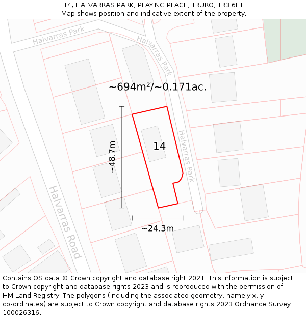 14, HALVARRAS PARK, PLAYING PLACE, TRURO, TR3 6HE: Plot and title map