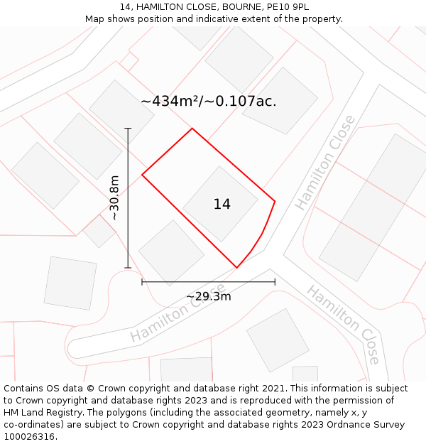 14, HAMILTON CLOSE, BOURNE, PE10 9PL: Plot and title map