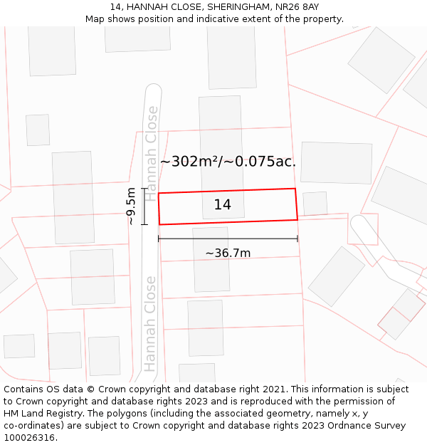 14, HANNAH CLOSE, SHERINGHAM, NR26 8AY: Plot and title map