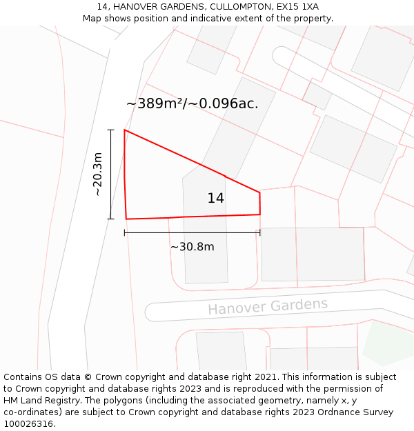 14, HANOVER GARDENS, CULLOMPTON, EX15 1XA: Plot and title map