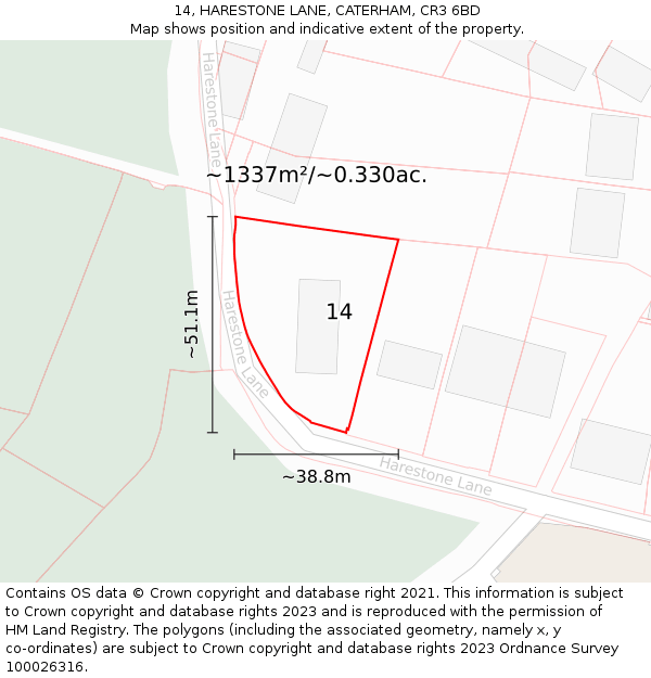 14, HARESTONE LANE, CATERHAM, CR3 6BD: Plot and title map