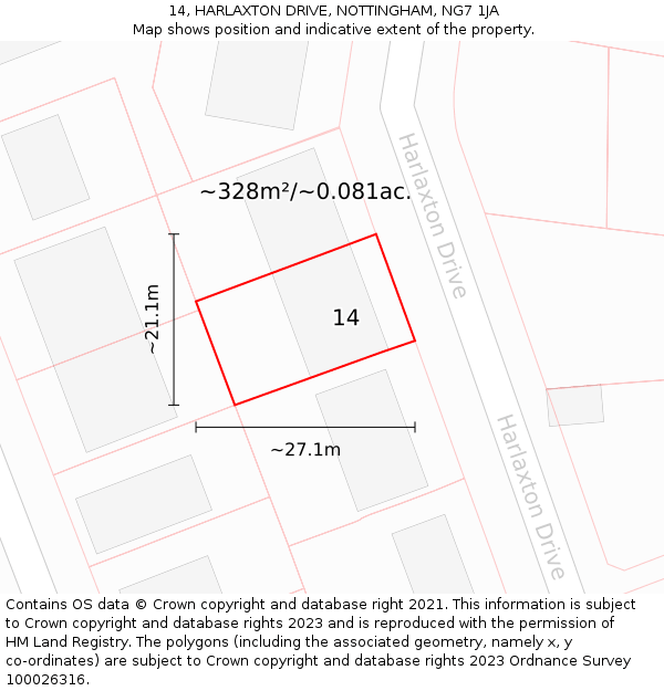 14, HARLAXTON DRIVE, NOTTINGHAM, NG7 1JA: Plot and title map