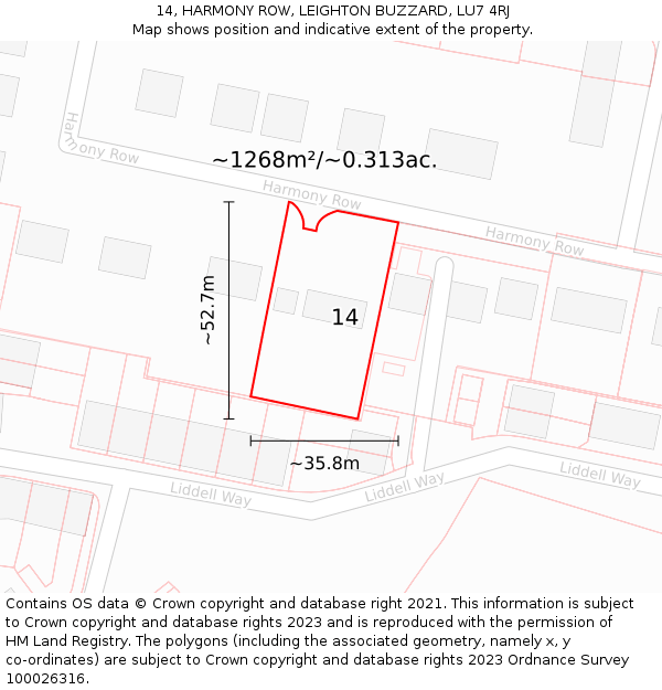 14, HARMONY ROW, LEIGHTON BUZZARD, LU7 4RJ: Plot and title map