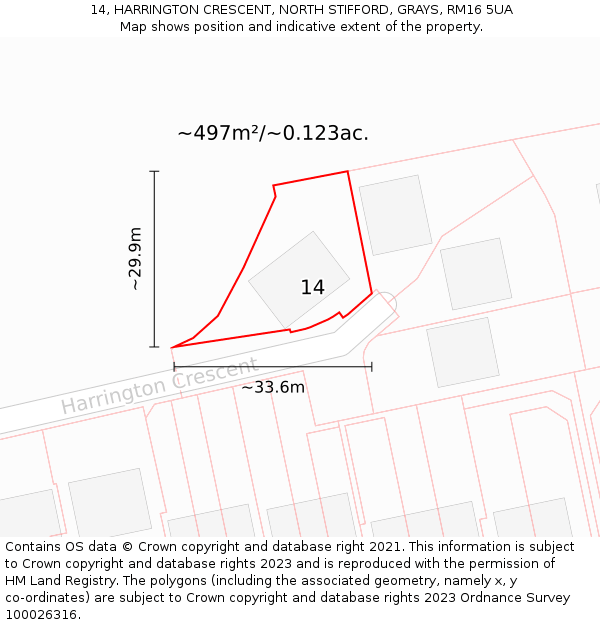 14, HARRINGTON CRESCENT, NORTH STIFFORD, GRAYS, RM16 5UA: Plot and title map