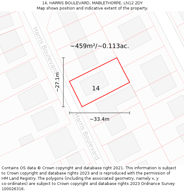 14, HARRIS BOULEVARD, MABLETHORPE, LN12 2DY: Plot and title map