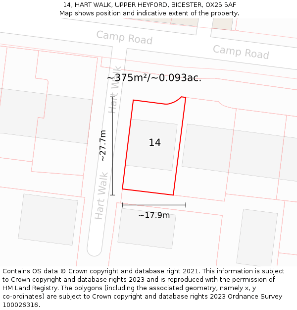 14, HART WALK, UPPER HEYFORD, BICESTER, OX25 5AF: Plot and title map