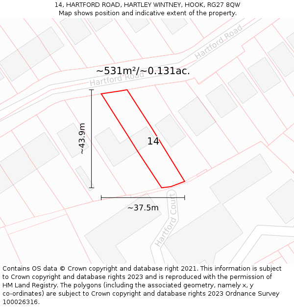 14, HARTFORD ROAD, HARTLEY WINTNEY, HOOK, RG27 8QW: Plot and title map