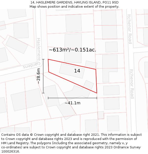 14, HASLEMERE GARDENS, HAYLING ISLAND, PO11 9SD: Plot and title map