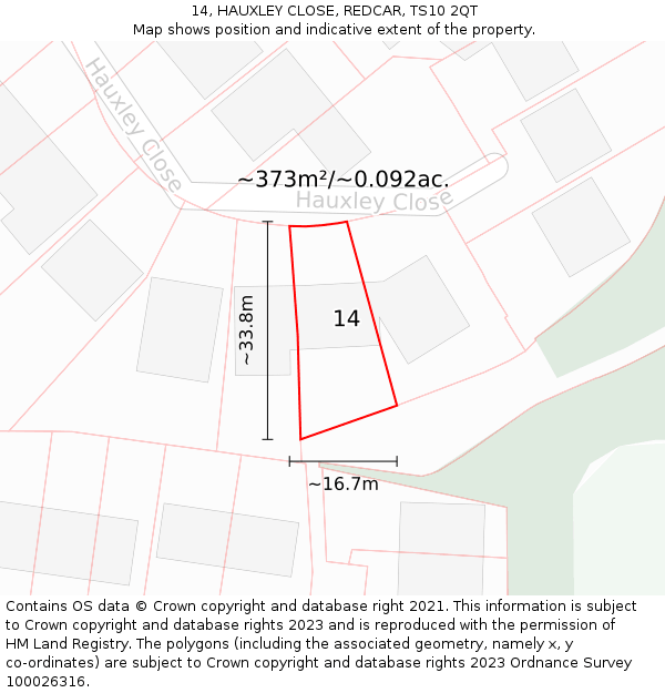 14, HAUXLEY CLOSE, REDCAR, TS10 2QT: Plot and title map