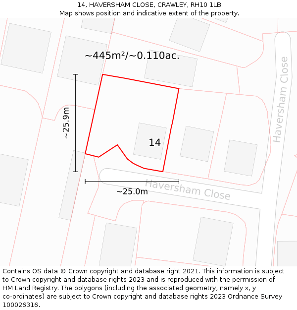 14, HAVERSHAM CLOSE, CRAWLEY, RH10 1LB: Plot and title map