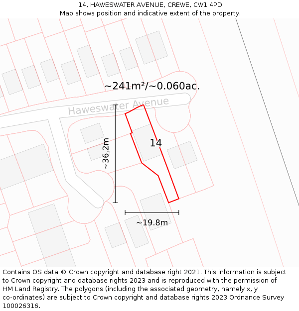 14, HAWESWATER AVENUE, CREWE, CW1 4PD: Plot and title map