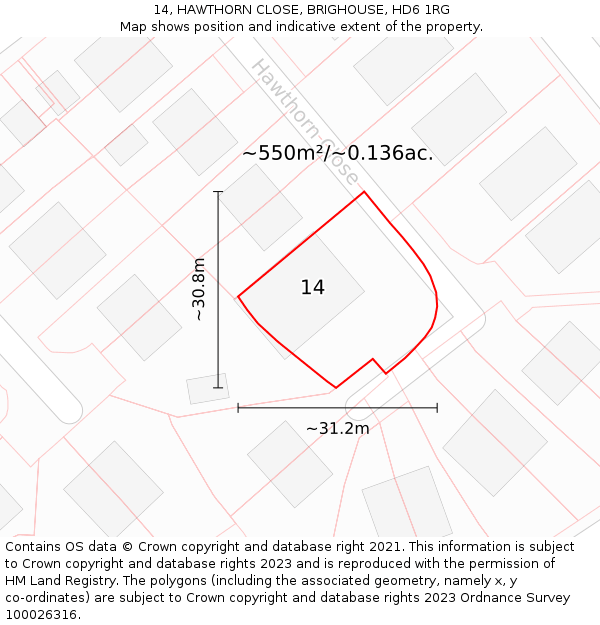 14, HAWTHORN CLOSE, BRIGHOUSE, HD6 1RG: Plot and title map