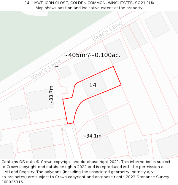 14, HAWTHORN CLOSE, COLDEN COMMON, WINCHESTER, SO21 1UX: Plot and title map