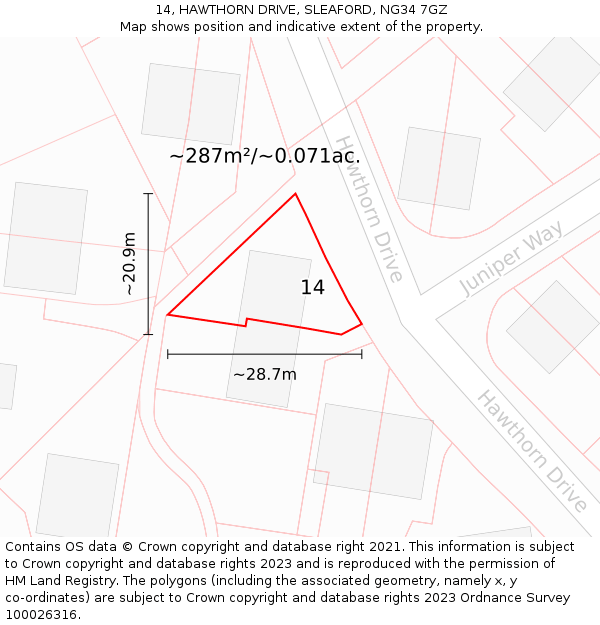 14, HAWTHORN DRIVE, SLEAFORD, NG34 7GZ: Plot and title map