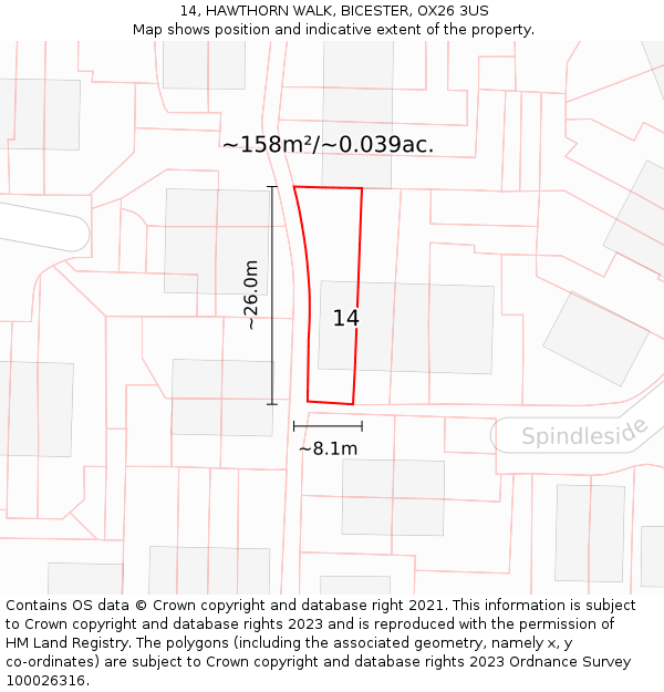 14, HAWTHORN WALK, BICESTER, OX26 3US: Plot and title map