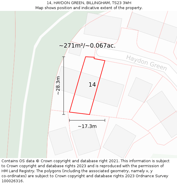 14, HAYDON GREEN, BILLINGHAM, TS23 3WH: Plot and title map