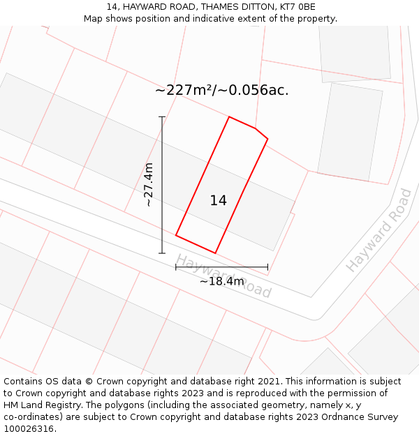 14, HAYWARD ROAD, THAMES DITTON, KT7 0BE: Plot and title map