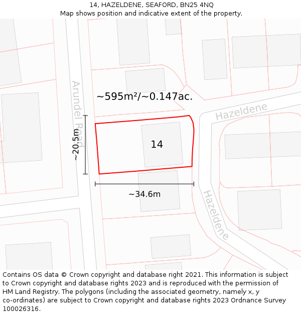 14, HAZELDENE, SEAFORD, BN25 4NQ: Plot and title map