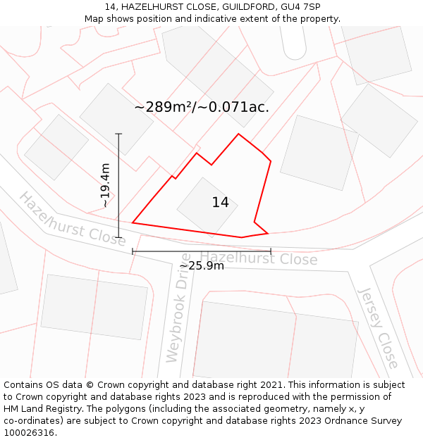 14, HAZELHURST CLOSE, GUILDFORD, GU4 7SP: Plot and title map