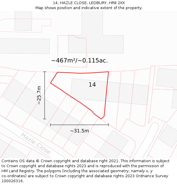 14, HAZLE CLOSE, LEDBURY, HR8 2XX: Plot and title map