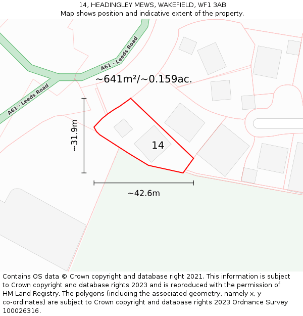 14, HEADINGLEY MEWS, WAKEFIELD, WF1 3AB: Plot and title map