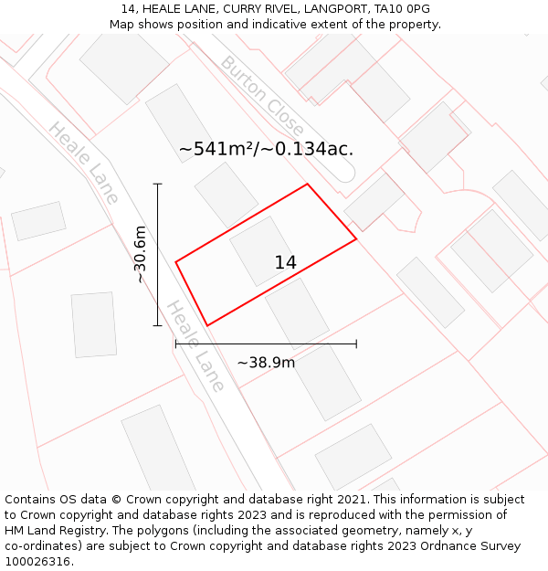 14, HEALE LANE, CURRY RIVEL, LANGPORT, TA10 0PG: Plot and title map